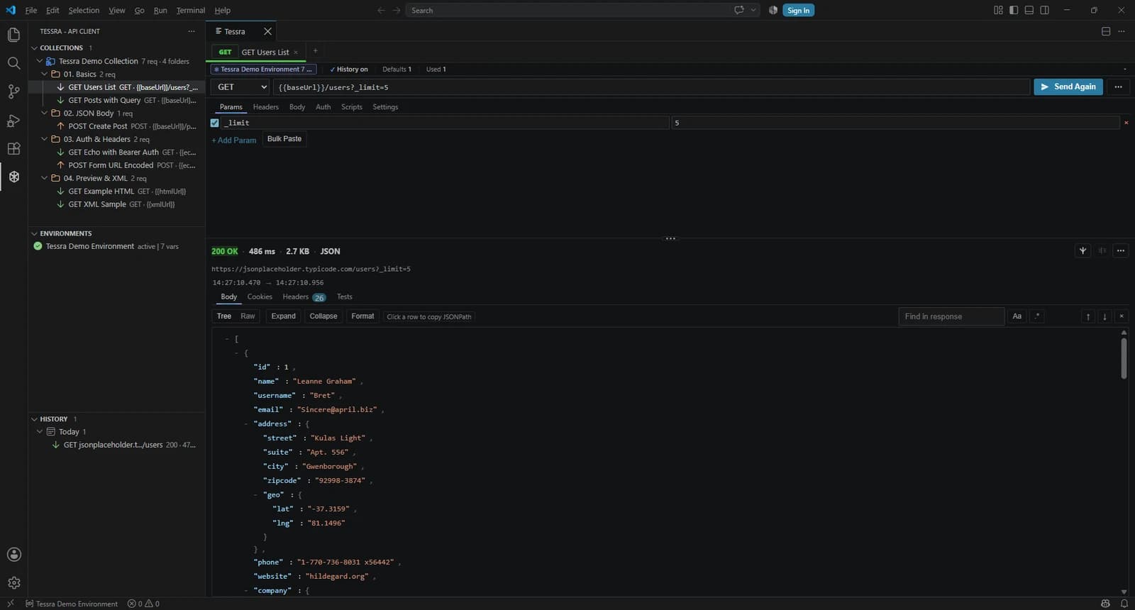 VS Code의 실제 Tessra 작업 화면. 데모 컬렉션과 JSONPlaceholder 샘플 API 응답