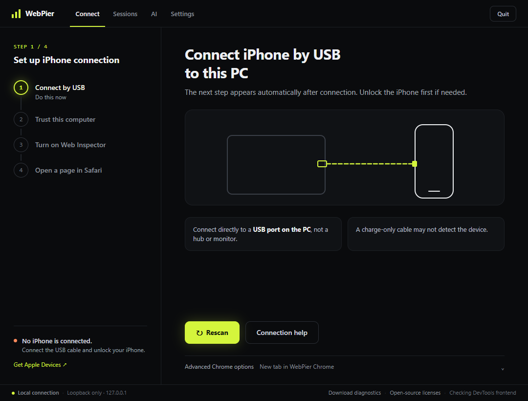 WebPier connection guide in English with no iPhone connected